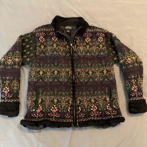 Icelandic Design Sweater Womens Medium Green Fair Isle Beaded Full‎ Zip Lined